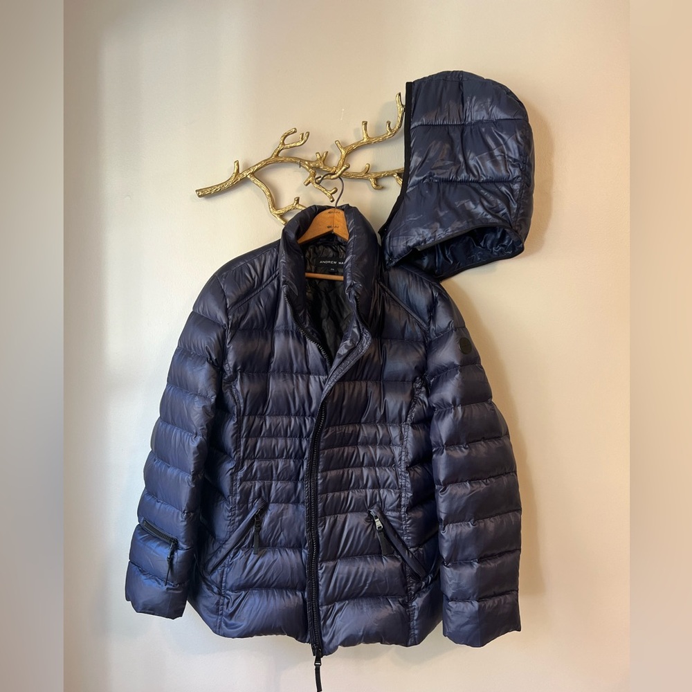 Andrew Marc Down Puffer Jacket Coat Womens XXL 2X Dark Blue Remove Hood
